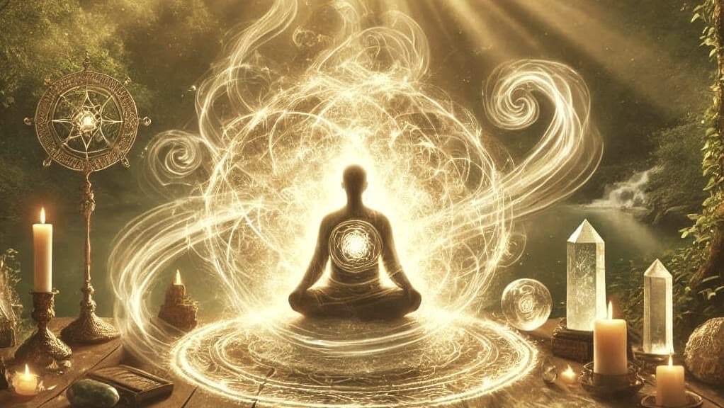 Una figura en meditación rodeada de espirales de luz que giran y se sueltan, entre velas y cuarzos