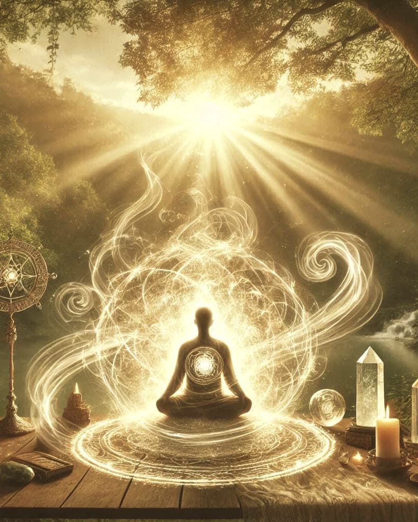 Una figura en meditación bajo los árboles, envuelta en espirales de luz que se sueltan hacia arriba